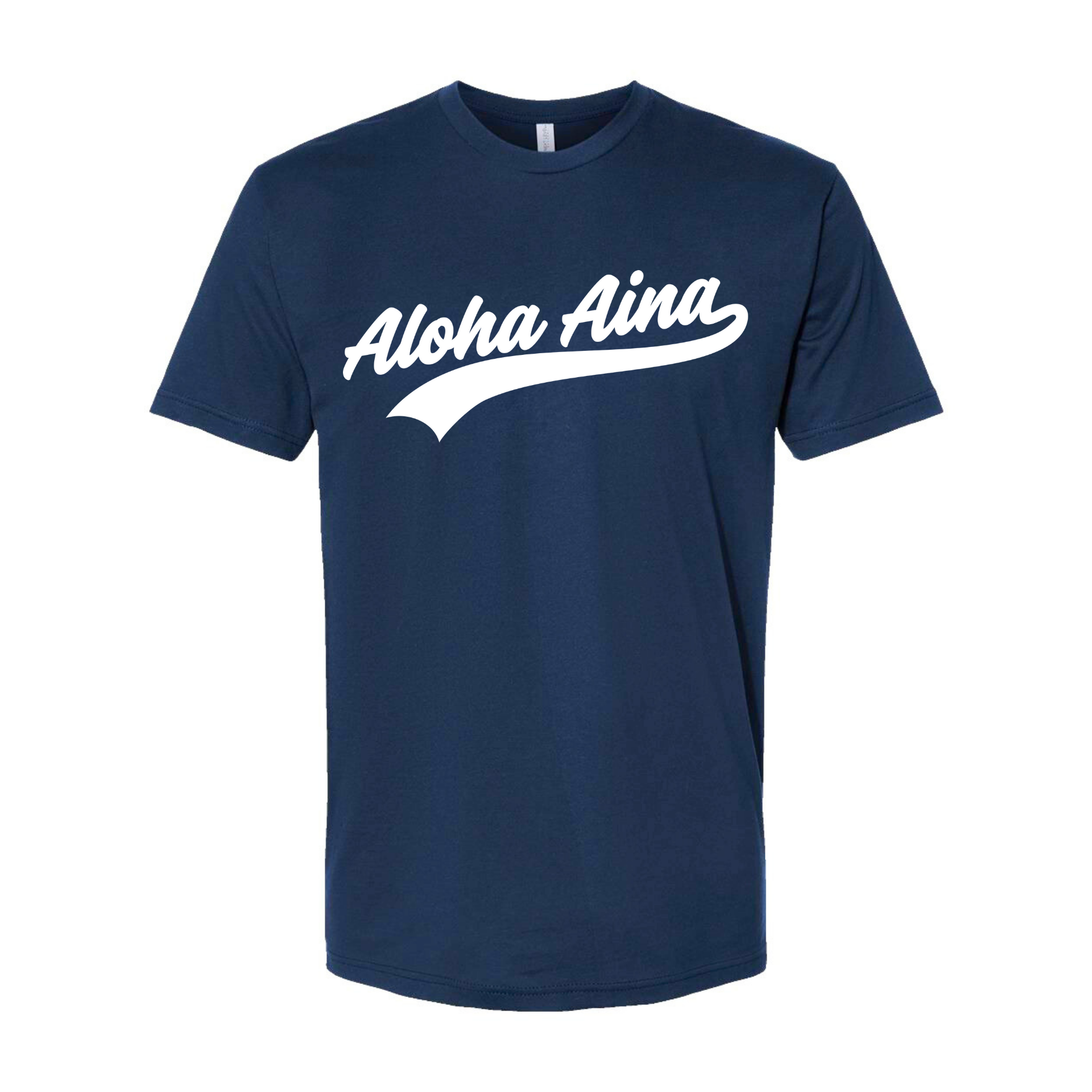 Front side of a navy blue t-shirt with 'Aloha Aina' text on a white background