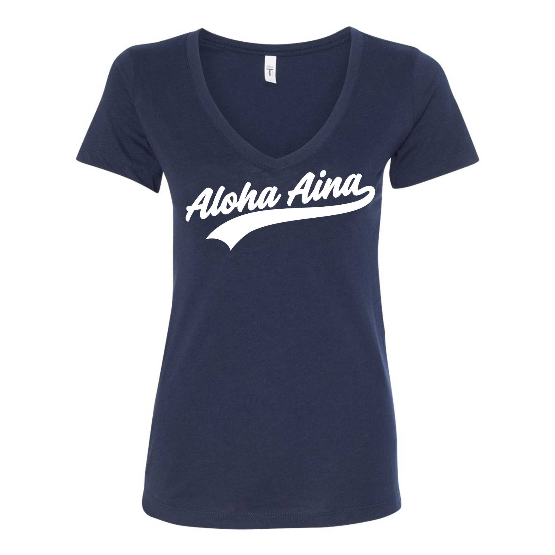 the front side of a navy blue v-neck 
t-shirt with 'Aloha Aina' text on a white background