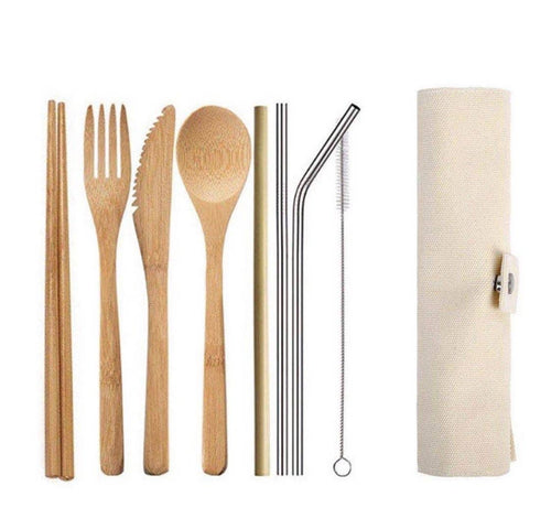 Eight piece portable utensil kit in canvas carrying case includes fork, knife, spoon, chopsticks, bamboo straw, straight stainless steel straw, bent stainless steel straw, and straw cleaner