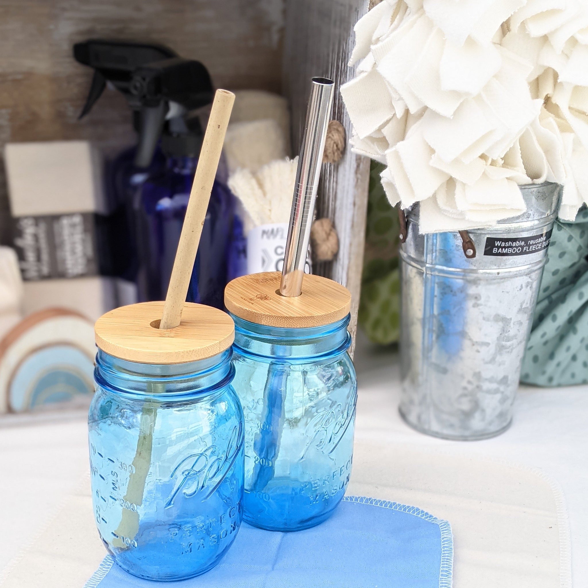 Mason Jar Drinking Glass with Reusable Bamboo Lid & Stainless