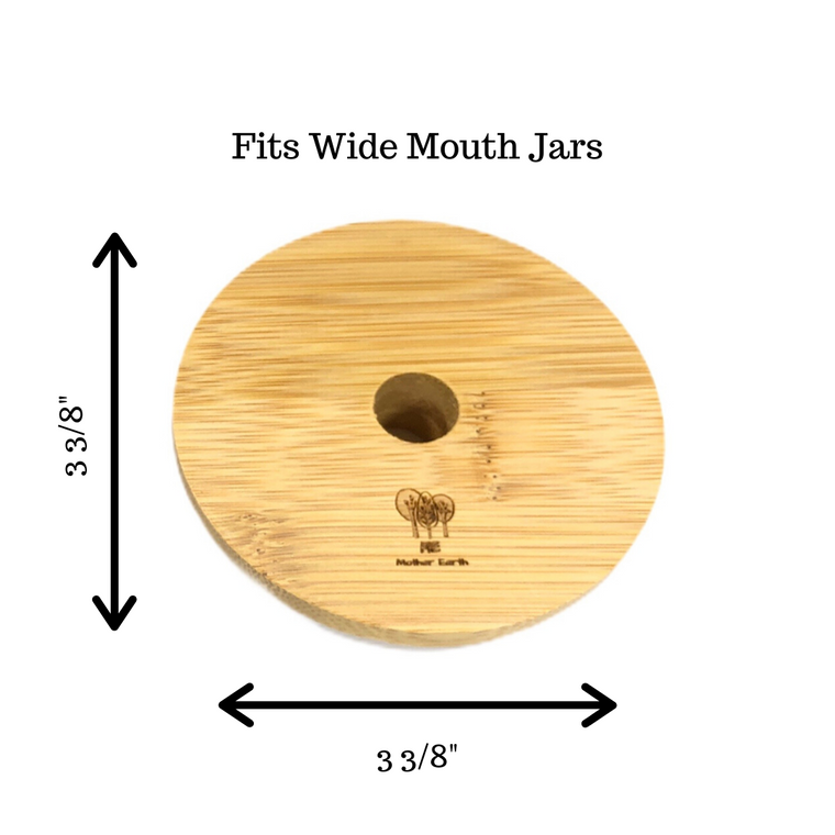 Bamboo mason jar lid. 3, 3/8 inches wide, fits tight with a rubber piece.