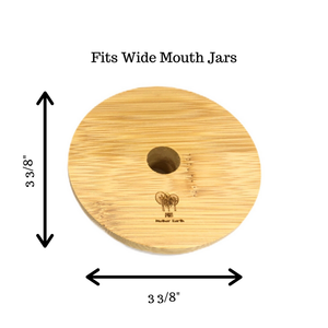 Bamboo mason jar lid. 3, 3/8 inches wide, fits tight with a rubber piece.