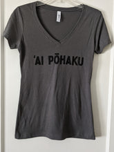 Load image into Gallery viewer, Soft lightweight dark gray women&#39;s tee with &#39;AI PŌHAKU in black ink on the chest , displayed on a hanger